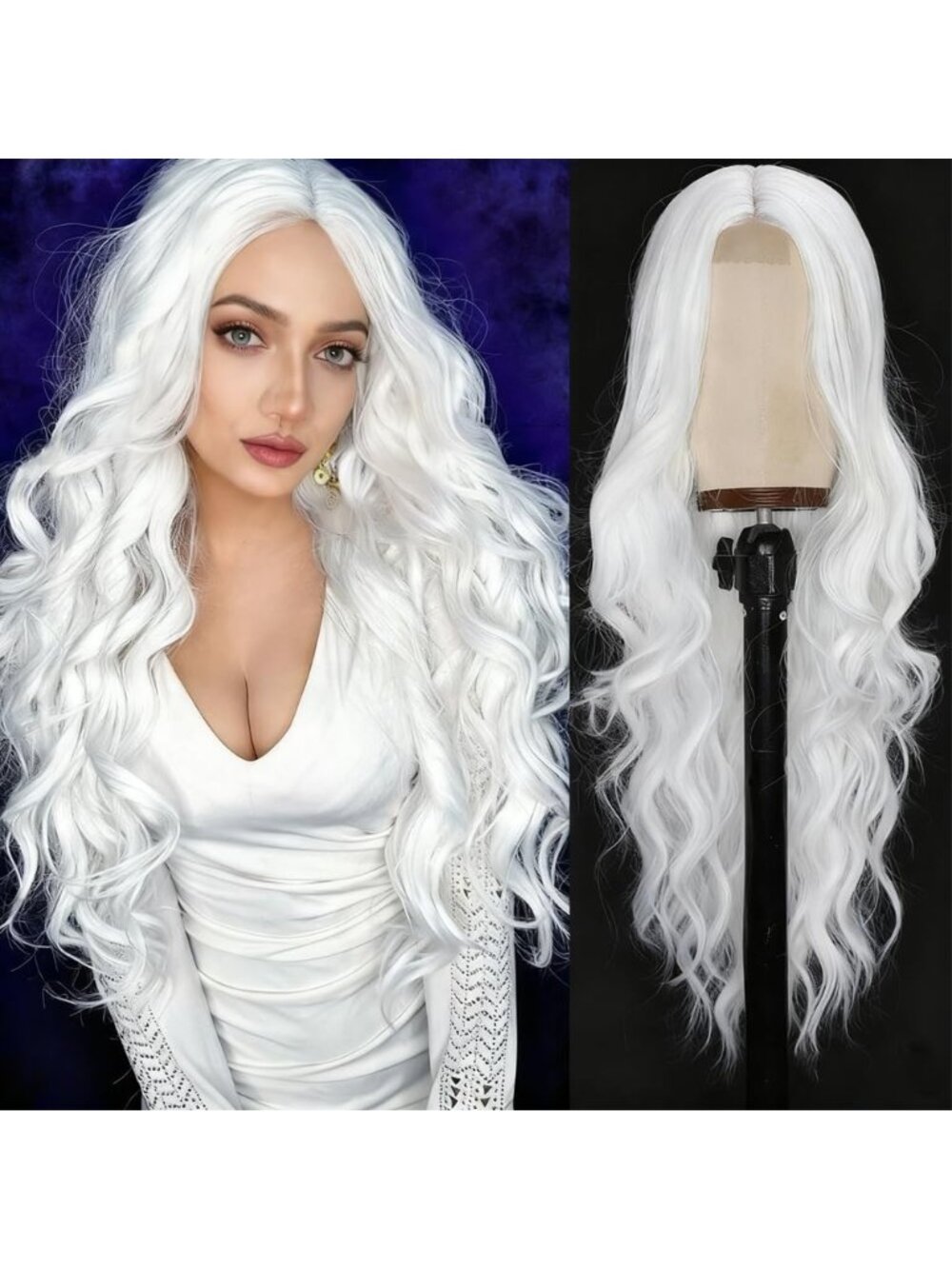 26 Inch Women's White Long Wavy Curly Hair Wig Halloween Cosplay
